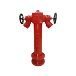 Red two-way pillar fire hydrant with dual outlets and a flanged base