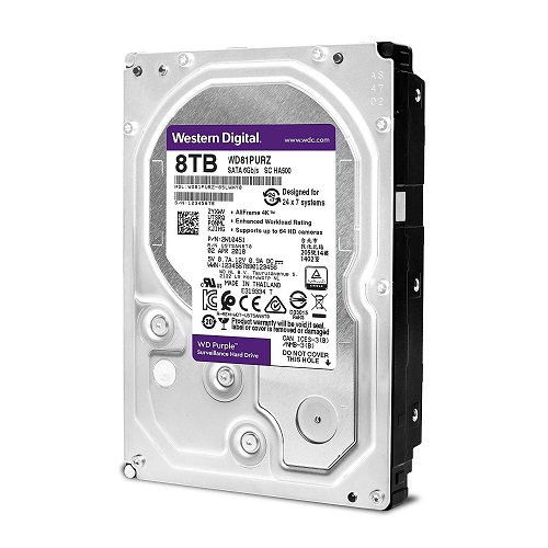 Western Digital Purple surveillance hard drives in 1TB, 2TB, 4TB, and 8TB capacities.