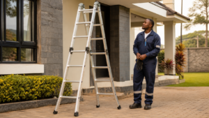 Aluminium folding ladder set safely outside a Kenyan home