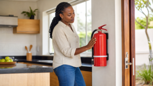 Fire extinguisher in a prepared Kenyan home kitchen