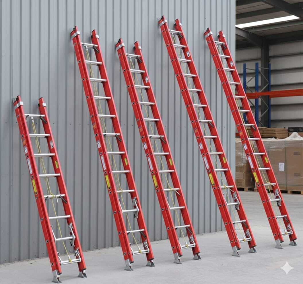 High-visibility yellow non-conductive fiberglass extension ladder extended against a wall on a job site in Nairobi, Kenya