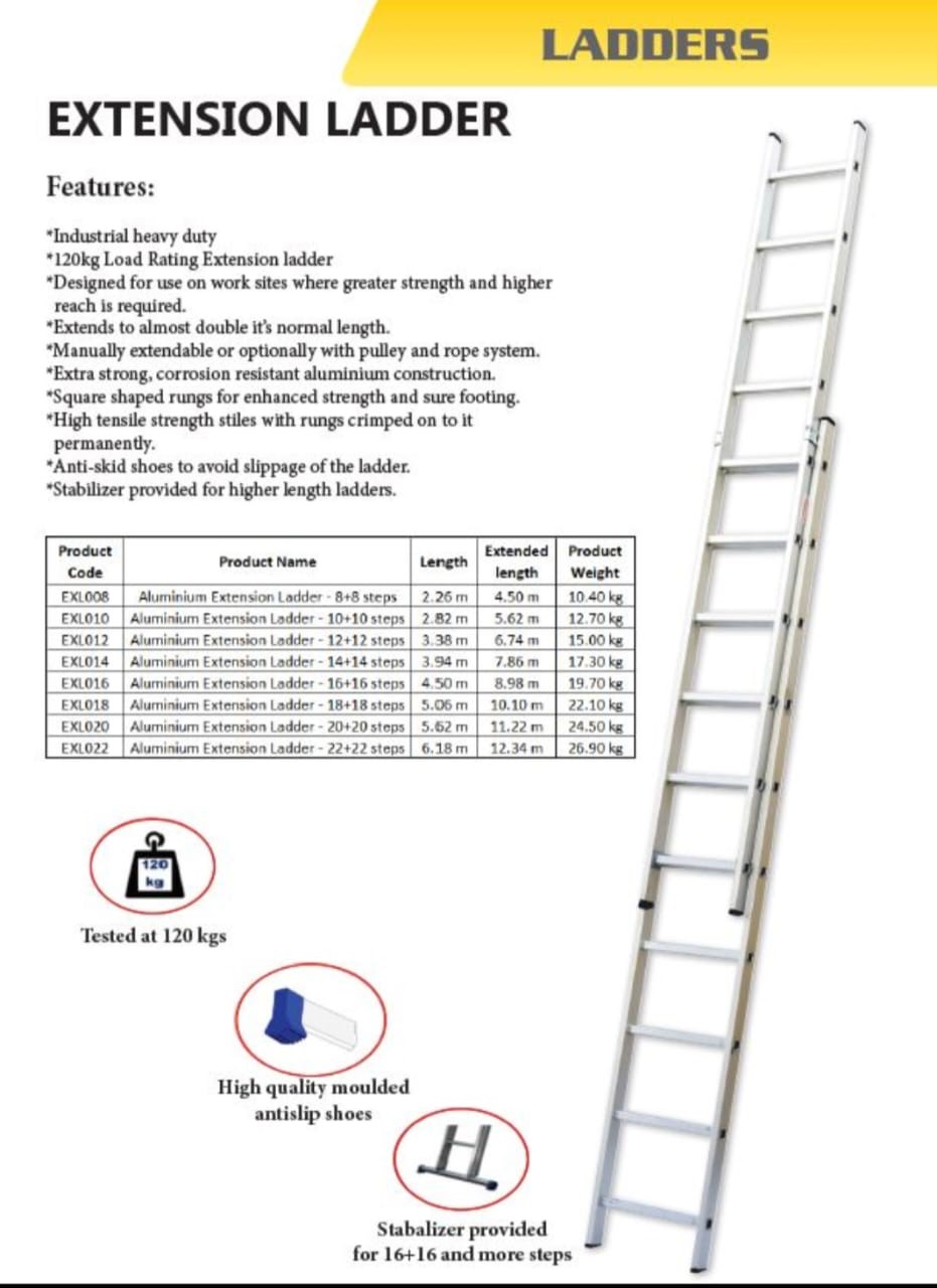 Heavy duty dual section aluminum extension slide ladder with pulley rope standing extended in Kenya.